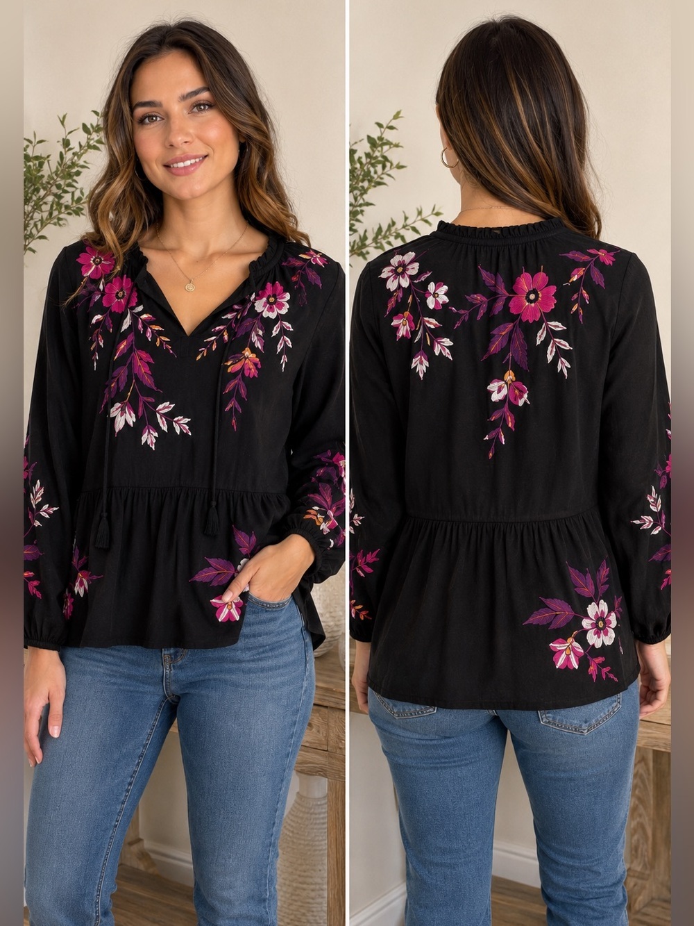 Johnny Was Workshop Boho Embroidered Black Rayon Tunic Blouse | Size Small